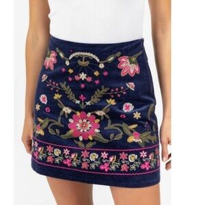 Anthropologie Harper Heritage Embroidered Floral Navy Corduroy Skirt M